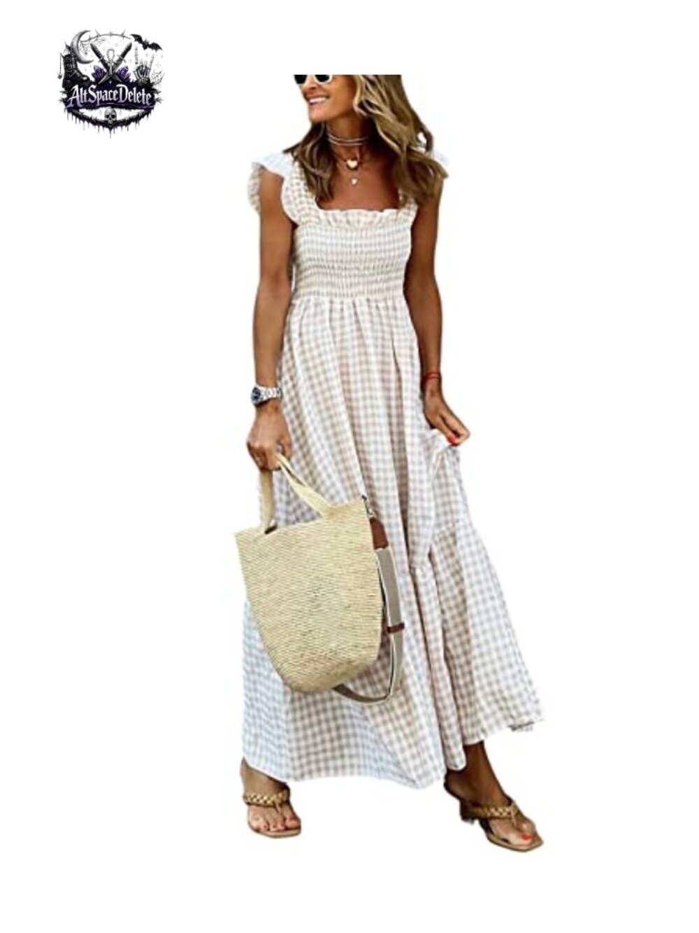 Retro Plaid Smocked Maxi Dress Spaghetti Strap Flounce Hem Pockets